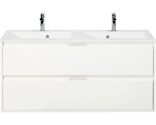 SANOX Badkamermeubelset Porto hoogglans wit 120 cm met twee lades incl. dubbele kunststenen wastafel met twee kraangaten Witte wastafelonderkast met twee waskommen en twee laden