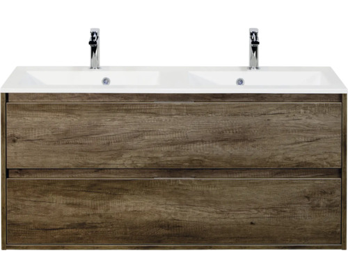 SANOX Badkamermeubelset Porto nebraska eiken 120 cm met twee lades incl. dubbele kunststenen wastafel met twee kraangaten Wastafelonderkast met twee wastafels en twee laden