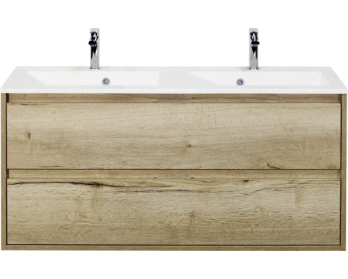 SANOX Badkamermeubelset Porto natuur eiken 120 cm met twee lades incl. dubbele natuurstenen wastafel met twee kraangaten Wastafelonderkast met twee laden en dubbele wastafel