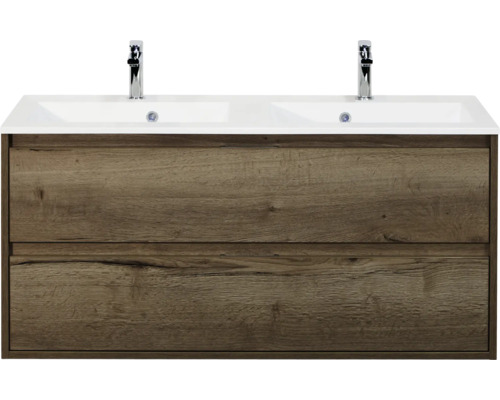 SANOX Badkamermeubelset Porto tabacco 120 cm met twee lades incl. dubbele kunststenen wastafel met twee kraangaten Wastafelonderkast met dubbele wastafel en twee lades