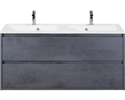 SANOX Badkamermeubelset Porto beton antraciet 120 cm met twee lades incl. dubbele kunststenen wastafel met twee kraangaten Wastafelonderkast met twee wastafels en twee laden
