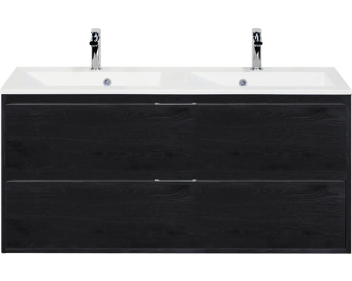 SANOX Badkamermeubelset Porto black oak 120 cm met twee lades incl. dubbele kunststenen wastafel met twee kraangaten Wastafelonderkast met twee wastafels en twee laden