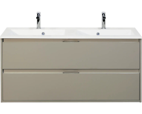 SANOX Badkamermeubelset Porto kiezelgrijs 120 cm met twee lades incl. dubbele kunststenen wastafel met twee kraangaten Wastafelmeubel met twee wastafels en onderkast met twee laden