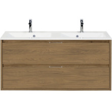 Wastafelonderkast met twee wastafels en twee laden in houtlook