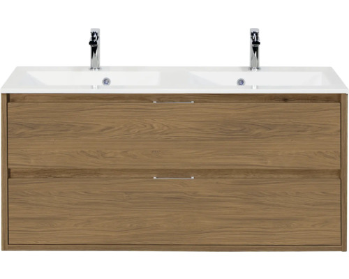 SANOX Badkamermeubelset Porto eiken 120 cm met twee lades incl. dubbele kunststenen wastafel met twee kraangaten Wastafelonderkast met twee wastafels en twee laden in houtlook
