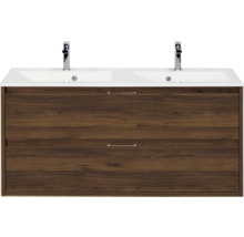 Wastafelmeubel met twee wasbakken en houten onderkast