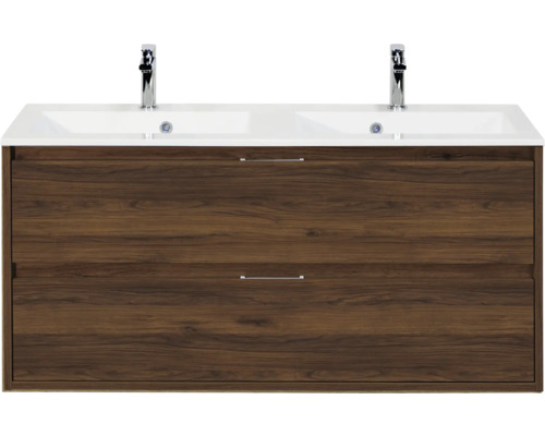 SANOX Badkamermeubelset Porto walnoot 120 cm met twee lades incl. dubbele kunststenen wastafel met twee kraangaten Wastafelmeubel met twee wasbakken en houten onderkast