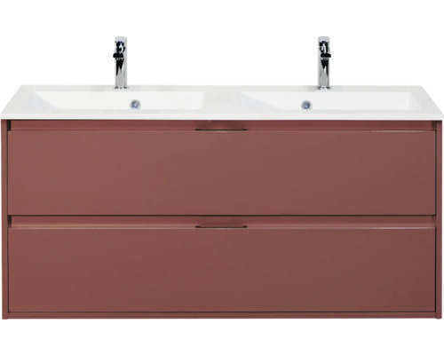 SANOX Badkamermeubelset Porto roest rood 120 cm met twee lades incl. dubbele kunststenen wastafel met twee kraangaten Onderkast met twee wastafels en twee laden