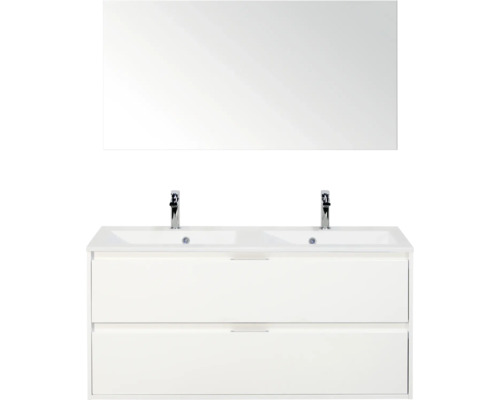 SANOX Badkamermeubelset Porto hoogglans wit 120 cm met twee lades incl. dubbele kunststenen wastafel met twee kraangaten en spiegel Wastafelmeubel met twee wastafels, kranen en spiegel