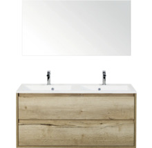 Wastafelmeubel met dubbele wastafel, twee laden, kranen en spiegel voor de badkamer