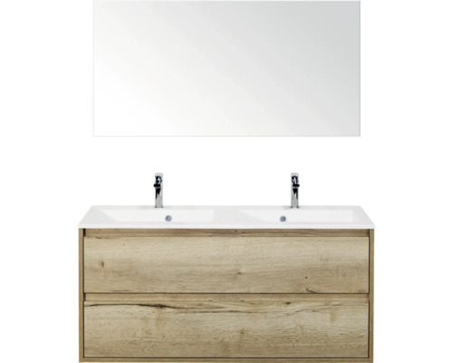 SANOX Badkamermeubelset Porto natuur eiken 120 cm met twee lades incl. dubbele kunststenen wastafel met twee kraangaten en spiegel Wastafelmeubel met dubbele wastafel, twee laden, kranen en spiegel voor de badkamer