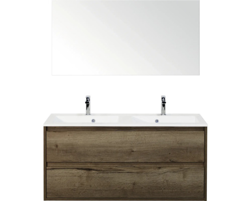 SANOX Badkamermeubelset Porto tabacco 120 cm met twee lades incl. dubbele kunststenen wastafel met twee kraangaten en spiegel Wastafelcombinatie met dubbele wasbak en spiegel