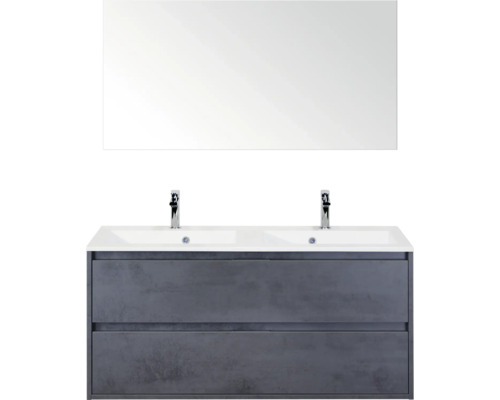 SANOX Badkamermeubelset Porto beton antraciet 120 cm met twee lades incl. dubbele kunststenen wastafel met twee kraangaten en spiegel Wastafelmeubel met twee wastafels, twee laden, kranen en spiegel