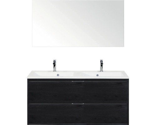 SANOX Badkamermeubelset Porto black oak 120 cm met twee lades incl. dubbele kunststenen wastafel met twee kraangaten en spiegel Wastafelonderkast met wastafel en spiegel voor de badkamer