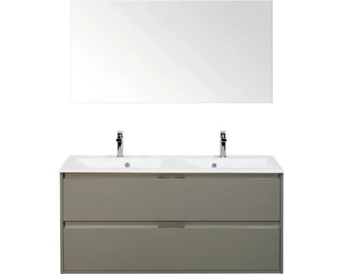 SANOX Badkamermeubelset Porto cubanit grey 120 cm met twee lades incl. dubbele kunststenen wastafel met twee kraangaten en spiegel Wastafelonderkast met twee wastafels, kranen en spiegel