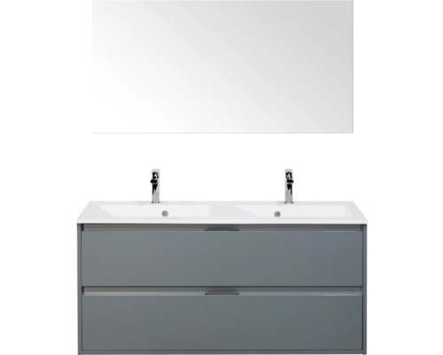 SANOX Badkamermeubelset Porto ice green 120 cm met twee lades incl. dubbele kunststenen wastafel met twee kraangaten en spiegel Wastafel met spiegel, onderkast en twee lades voor de badkamer