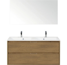 Wastafelcombinatie met twee waskommen, houten onderkast en spiegel