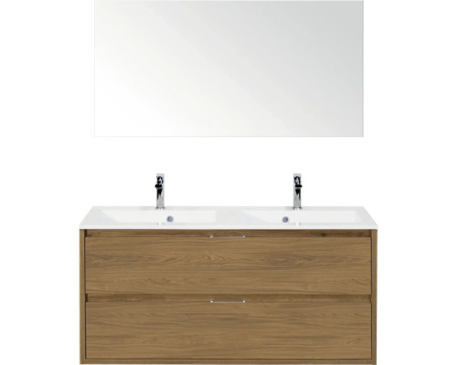 SANOX Badkamermeubelset Porto eiken 120 cm met twee lades incl. dubbele kunststenen wastafel met twee kraangaten en spiegel Wastafelcombinatie met twee waskommen, houten onderkast en spiegel