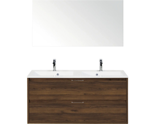 SANOX Badkamermeubelset Porto walnoot 120 cm met twee lades incl. dubbele kunststenen wastafel met twee kraangaten en spiegel Badkamermeubelset met dubbele wastafel, onderkast met lades en spiegel