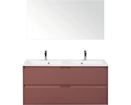 SANOX Badkamermeubelset Porto roest rood 120 cm met twee lades incl. dubbele kunststenen wastafel met twee kraangaten en spiegel Wastafelmeubel met twee lades, twee wastafels en spiegel