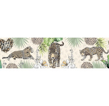 Decoratief textielontwerp met luipaarden, bladeren en bloemmotieven