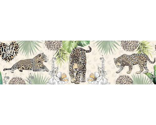 Decoratief textielontwerp met luipaarden, bladeren en bloemmotieven