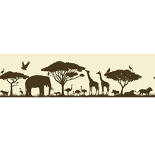 Silhouette van een Afrikaans dierenrijk met olifanten, giraffen, leeuwen, vogels en bomen.