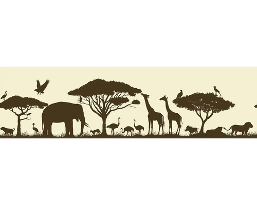 Silhouette van een Afrikaans dierenrijk met olifanten, giraffen, leeuwen, vogels en bomen.