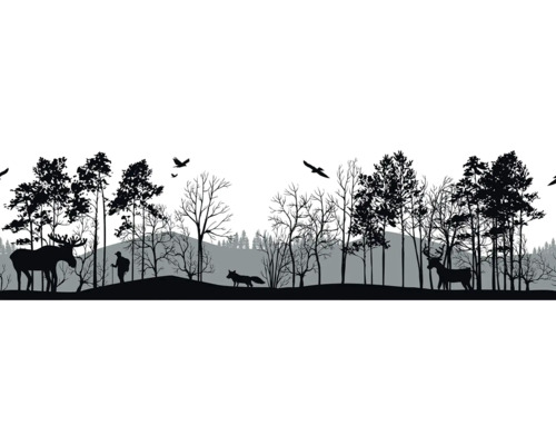 Illustratie van een boslandschap met wilde dieren en een wandelaar