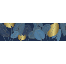 Behang met blauw-gouden bladeren op een marineblauwe achtergrond