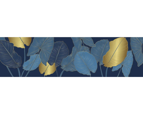 Behang met blauw-gouden bladeren op een marineblauwe achtergrond