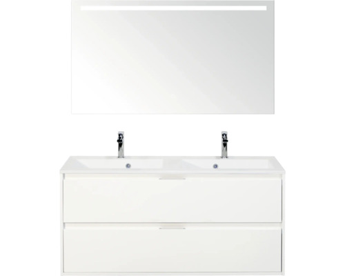 SANOX Badkamermeubelset Porto hoogglans wit 120 cm met twee lades incl. dubbele kunststenen wastafel met twee kraangaten en spiegel met verlichting Badkamermeubelset met wastafel, onderkast en spiegel met verlichting