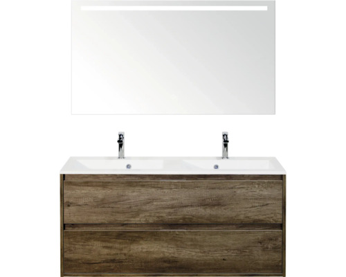 SANOX Badkamermeubelset Porto nebraska eiken 120 cm met twee lades incl. dubbele kunststenen wastafel met twee kraangaten en spiegel met verlichting Wastafelmeubel met dubbele wastafel, onderkast en verlichte spiegel