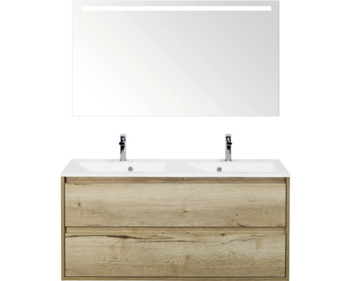 SANOX Badkamermeubelset Porto natuur eiken 120 cm met twee lades incl. dubbele kunststenen wastafel met twee kraangaten en spiegel met verlichting Wastafelcombinatie met dubbele wastafel, onderkast met laden en verlichte spiegel