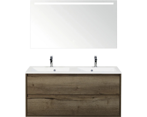SANOX Badkamermeubelset Porto tabacco 120 cm met twee lades incl. dubbele kunststenen wastafel met twee kraangaten en spiegel met verlichting Wastafelmeubel met twee waskommen, kranen, onderkast en spiegel met verlichting