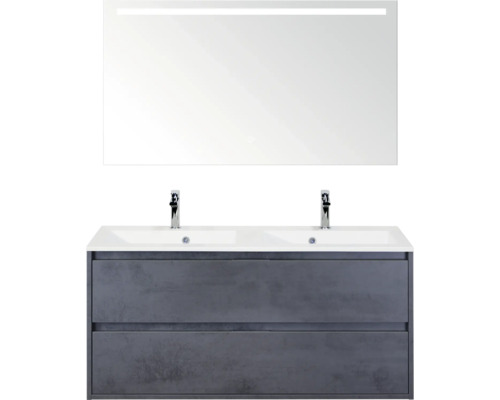 SANOX Badkamermeubelset Porto beton antraciet 120 cm met twee lades incl. dubbele kunststenen wastafel met twee kraangaten en spiegel met verlichting Badkamermeubelset met spiegel en wastafelonderkast