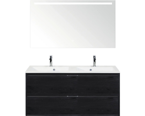 SANOX Badkamermeubelset Porto black oak 120 cm met twee lades incl. dubbele kunststenen wastafel met twee kraangaten en spiegel met verlichting Wastafelmeubel met twee waskommen, onderkast en spiegel met verlichting