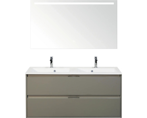 SANOX Badkamermeubelset Porto cubanit grey 120 cm met twee lades incl. dubbele kunststenen wastafel met twee kraangaten en spiegel met verlichting Wastafelmeubel met spiegel en twee wastafels