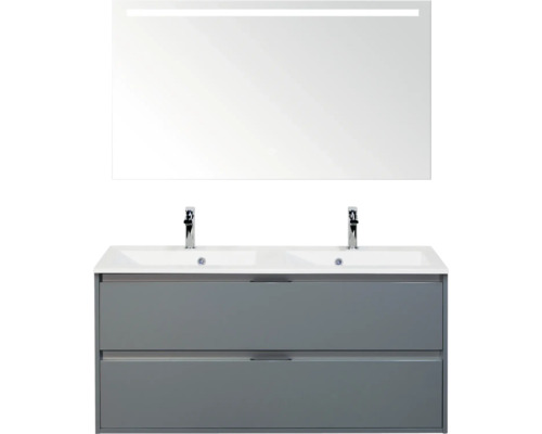 SANOX Badkamermeubelset Porto ice green 120 cm met twee lades incl. dubbele kunststenen wastafel met twee kraangaten en spiegel met verlichting Wastafelmeubel met twee laden, waskom en spiegel met verlichting