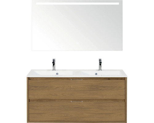 SANOX Badkamermeubelset Porto eiken 120 cm met twee lades incl. dubbele kunststenen wastafel met twee kraangaten en spiegel met verlichting Wastafelmeubel met spiegel en twee laden