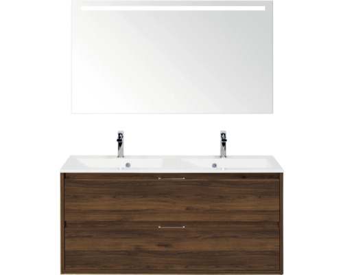 SANOX Badkamermeubelset Porto walnoot 120 cm met twee lades incl. dubbele kunststenen wastafel met twee kraangaten en spiegel met verlichting Wastafelcombinatie met spiegel en onderkast
