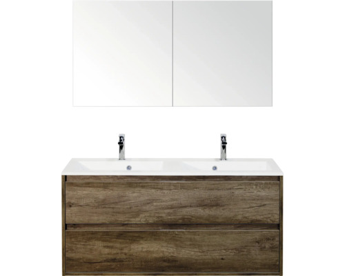 SANOX Badkamermeubelset Porto nebraska eiken 120 cm met twee lades incl. dubbele kunststenen wastafel met twee kraangaten en spiegelkast Dubbele wastafel met onderkast en spiegelkast voor de badkamer