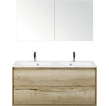Wastafelmeubel met twee wastafels, houten onderkast en spiegelkast