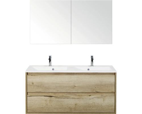 SANOX Badkamermeubelset Porto natuur eiken 120 cm met twee lades incl. dubbele kunststenen wastafel met twee kraangaten en spiegelkast Wastafelmeubel met twee wastafels, houten onderkast en spiegelkast
