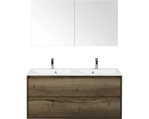 SANOX Badkamermeubelset Porto tabacco 120 cm met twee lades incl. dubbele kunststenen wastafel met twee kraangaten en spiegelkast Badkamer wastafelmeubel met twee wastafels, onderkast met twee lades en spiegelkast