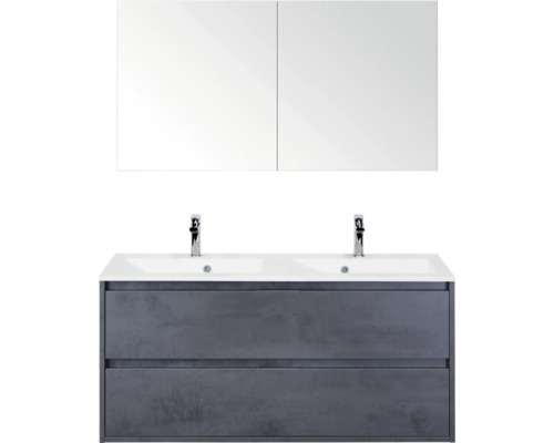 SANOX Badkamermeubelset Porto beton antraciet 120 cm met twee lades incl. dubbele kunststenen wastafel met twee kraangaten en spiegelkast Wastafelmeubel met dubbele wastafel, onderkast met twee lades en spiegelkast