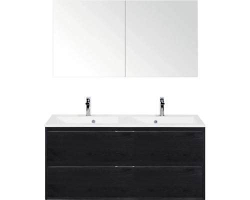 SANOX Badkamermeubelset Porto black oak 120 cm met twee lades incl. dubbele kunststenen wastafel met twee kraangaten en spiegelkast Wastafelmeubel met twee wastafels, onderkast met twee lades en spiegelkast