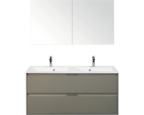 SANOX Badkamermeubelset Porto cubanit grey 120 cm met twee lades incl. dubbele kunststenen wastafel met twee kraangaten en spiegelkast Dubbele wastafel met onderkast en spiegelkast voor de badkamer