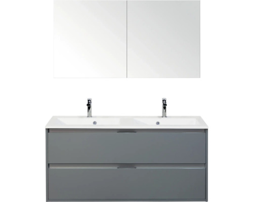 SANOX Badkamermeubelset Porto ice green 120 cm met twee lades incl. dubbele kunststenen wastafel met twee kraangaten en spiegelkast Wastafelmeubel met twee wastafels, onderkast met twee laden en spiegelkast