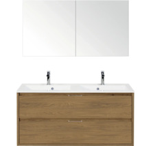 Wastafelmeubel met twee wastafels, houten onderkast en spiegelkast